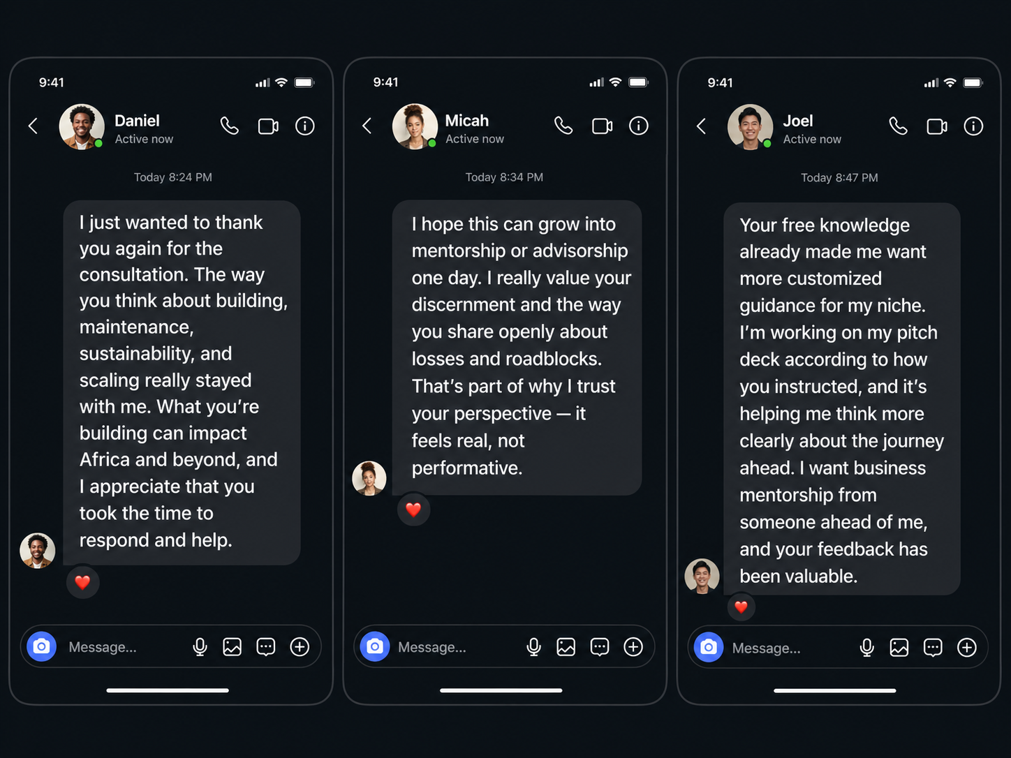 Founder reviews: Adaeze — 'paid for one consultation, left with more clarity'; Michael — 'building my pitch deck with real confidence now'; Tolu — 'honesty, roadblocks, strategy, how to keep going'
