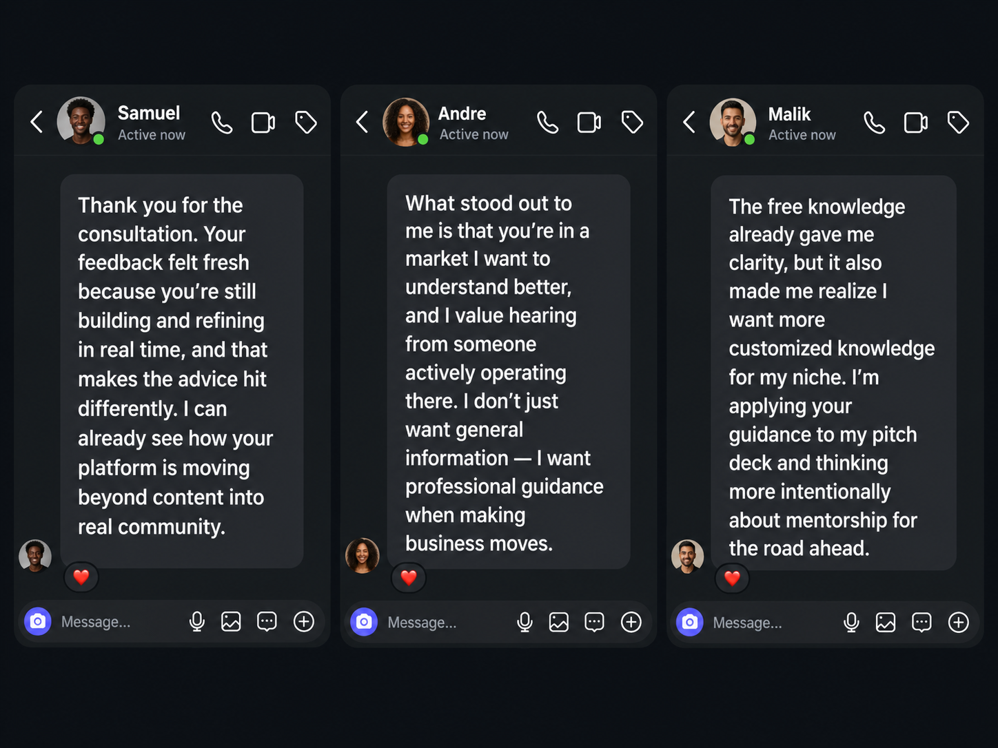 Founder reviews: Chidera (5 stars) — 'entrepreneurship feel practical'; Jasmine (5 stars) — 'honest and no-fluff'; David (5 stars) — 'I've paid for advice before but this was different'