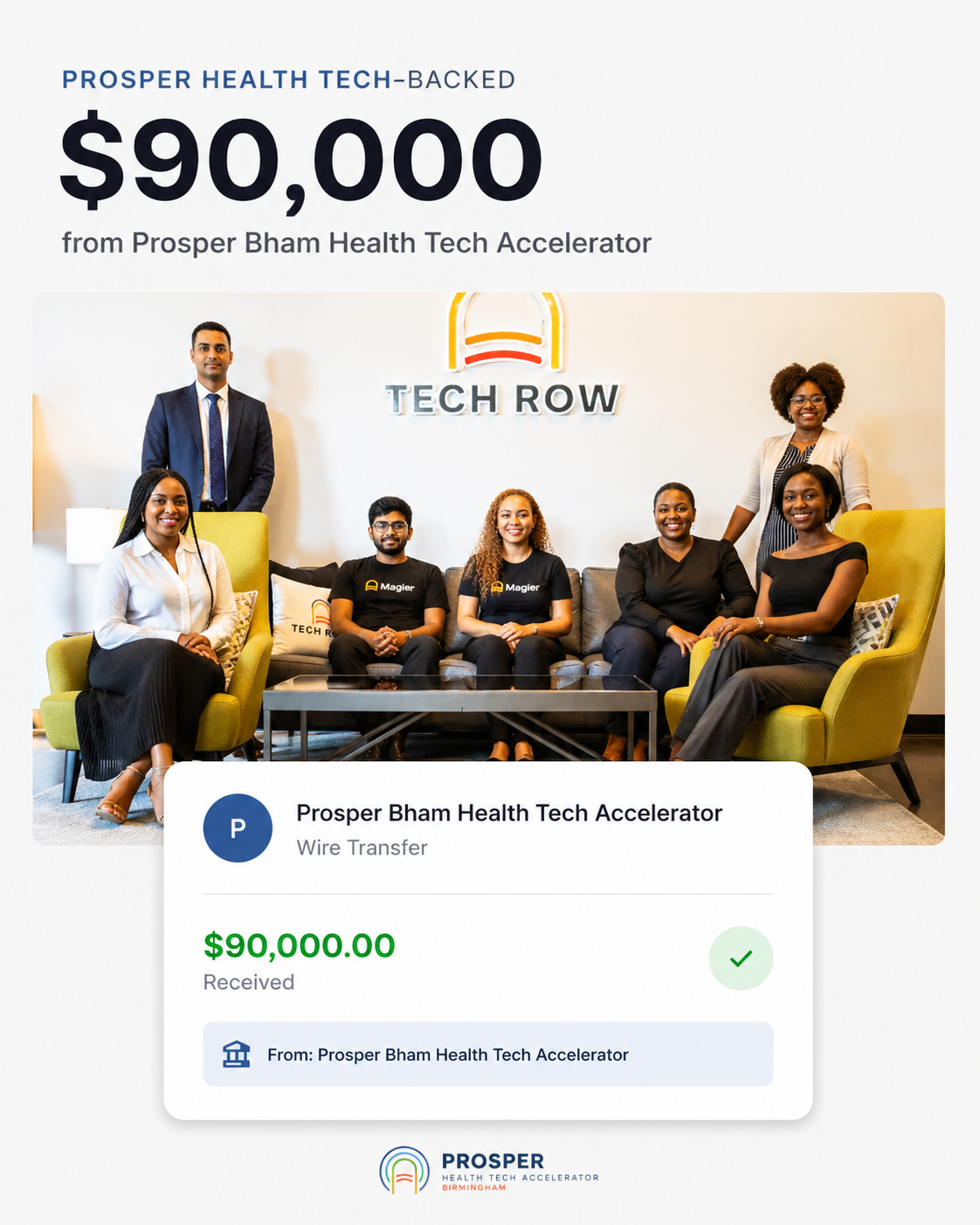 PROSPER HEALTH TECH-BACKED: $90,000 from Prosper Bham Health Tech Accelerator. Osaz and team at Tech Row.